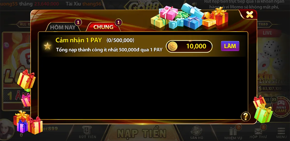 Khuyến mãi lần đầu nạp tiền khi đăng ký đăng nhập go88