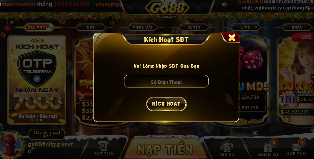 Kích hoạt số điện thoại để tăng cường bảo mật Go88