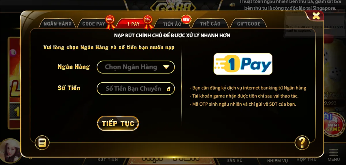 Cách nạp tiền vào Go88 bằng One pay