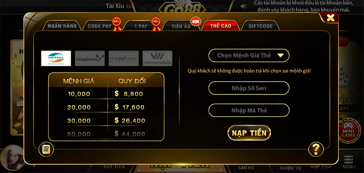 Cách nạp tiền vào Go88 bằng thẻ cào