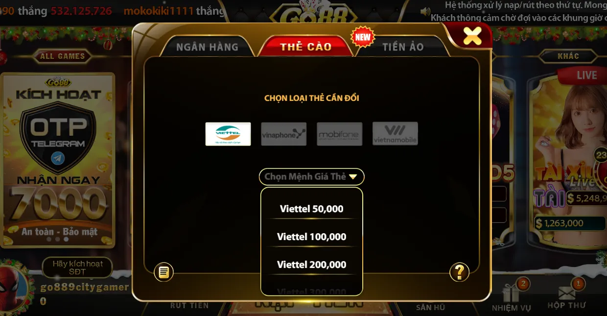 Người chơi rút tiền Go88 theo hình thức đổi thẻ cào