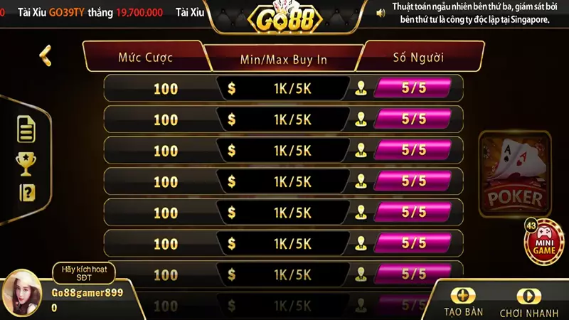 Mini Poker Go88 tài xỉu